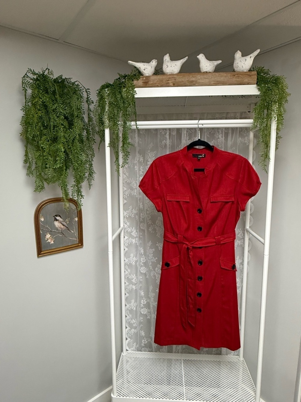 Laura Short Sleeve Red Dress | Button Front & Tie Waist - Size 12